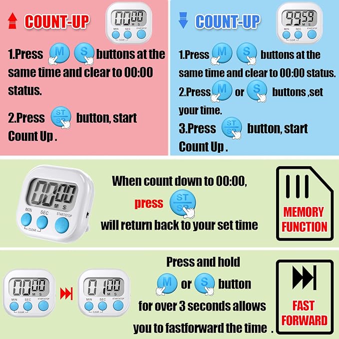 Macarrie 48 Pcs Digital Kitchen Timer Bulk Small Magnetic Backing Stand Timer Clock Loud Alarm LCD Display Electronic Minute Second Count up Countdown Alarm for Teacher Classroom Cooking Baking