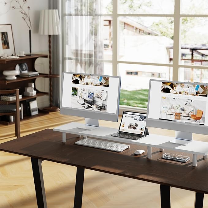 Large Dual Monitor Stand Riser 43.3IN，White Home Office Storage For Desk Accessories，Solid Wod Desk With Adjustable Legs For computer/PC/Laptop/Printer/Container/dressing table