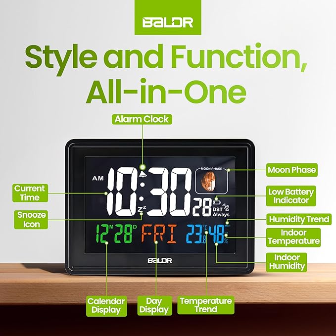 BALDR Atomic Clocks for Bedrooms Digital Large Display - Black - Desk Clock with Temperature Indoor and Humidity, Night Stand Clock, Moon Phase Clock, Alarm Clocks for Living Room, Digital Clock Wall