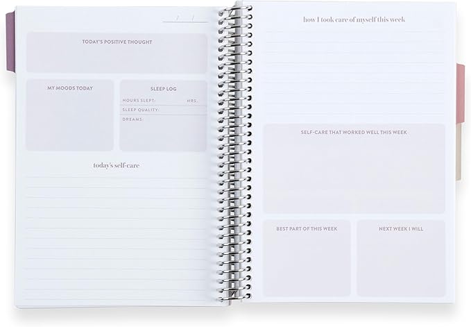 Erin Condren A5 Spiral Bound Self Care Journal Metallic Blooms. Daily Self-Care Reflection Pages. Weekly, Monthly & Quarterly Reflection. Monthly Tracker Pages. 3 Tabs. Sticker Sheet Included