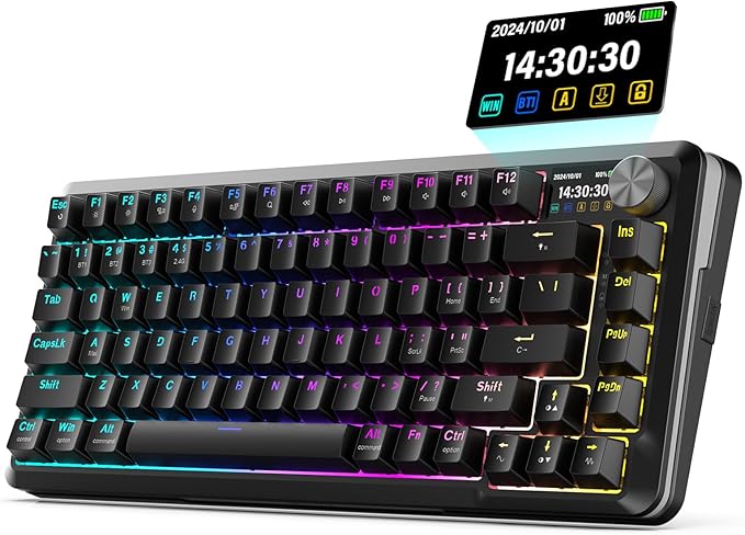 Redragon K708 Pro Wireless Mechanical Gaming Keyboard - Gasket-Mounted RGB Backlit, 81 Customizable Keys, 3-Mode (2.4G/Bluetooth/USB), Hot-Swap Pre-Lubed Switches, Screen & Control Knob - Black
