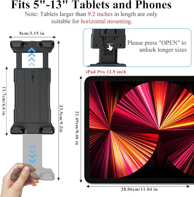 OHLPRO Tablet Mic Stand Holder for iPad Treadmill Handlebar Clamp, Mount for Spin Bike Microphone Peloton Stroller Bicycle, Fit 5-13” iPad Pro 12.9 Air Mini, Galaxy Tab, iPhone, Fire HD 10