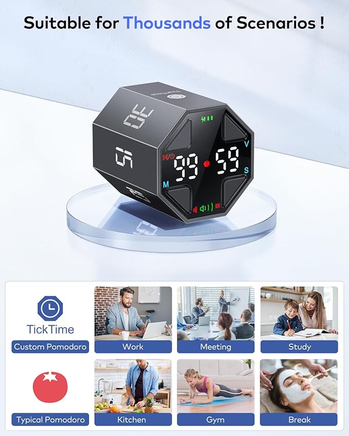 Pomodoro Timer Cube, Custom Pomodoro, Pause & Resume, Silent, Vibrate & Adjustable Sound Alert, for ADHD, Task, Work, Study, 3/5/10/15/30/45/60min & Custom Countdown,Gray
