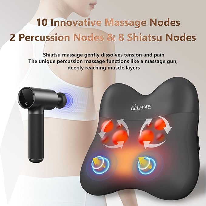 Back Massager, Shiatsu and Percussion Massage, Cordless Lower Back Massage for Pain Relief Deep Tissue, Back Massager with Heat，4D Neck Massager and Massage Pillow fror Shoulder, Black