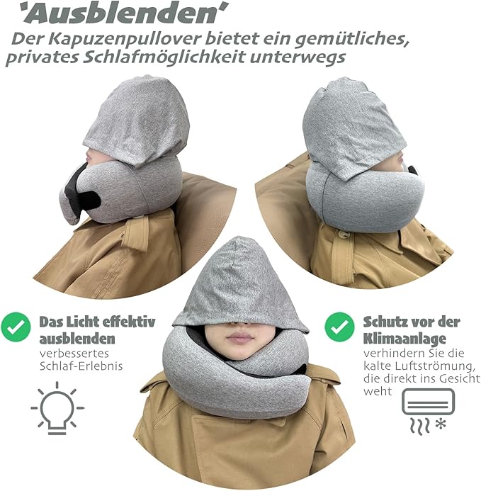 Ergonomic Travel Neck Pillow with Stowable Hood,Neck Pillow Airplane,Premium Memory Foam,360º Contoured Design,Washable Cover,Complete Travel Set,Ideal for Airplane,Car and Office