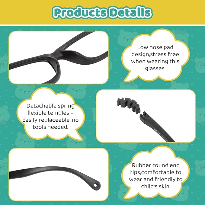 BiBiBear Toddler/Kids/Teens Glasses - Unbreakable TR90 Frame, 180° Flexible, Lightweight & Safe Glasses for Kids Age 2-15