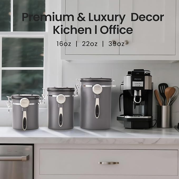 Veken Coffee Canister, 39OZ Large, Airtight Stainless Steel Food Storage Container for 2.2lbs Coffee Beans, Ground, Sugar, Tea, Flour, Cereal, Kitchen Bar Accessories with Date Tracker & Scoop, Cream