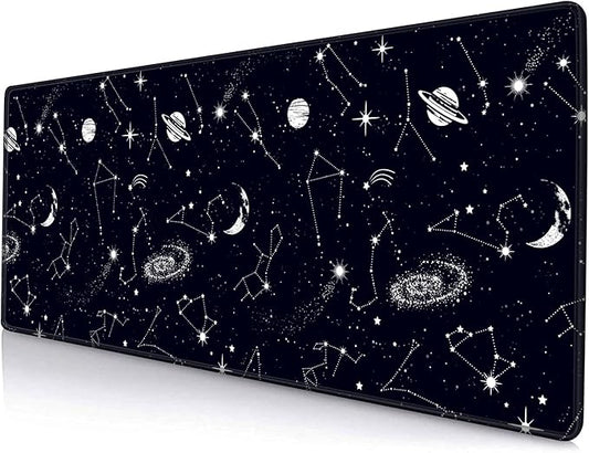 Large Gaming Mouse Pad with Stitched Edges, Black Constellation Desk Mat Extended Keyboard Pad, Non-Slip Rubber Base Desk Pad for Keyboard and Mouse, 31.5X11.8 inch, Sun and Moon