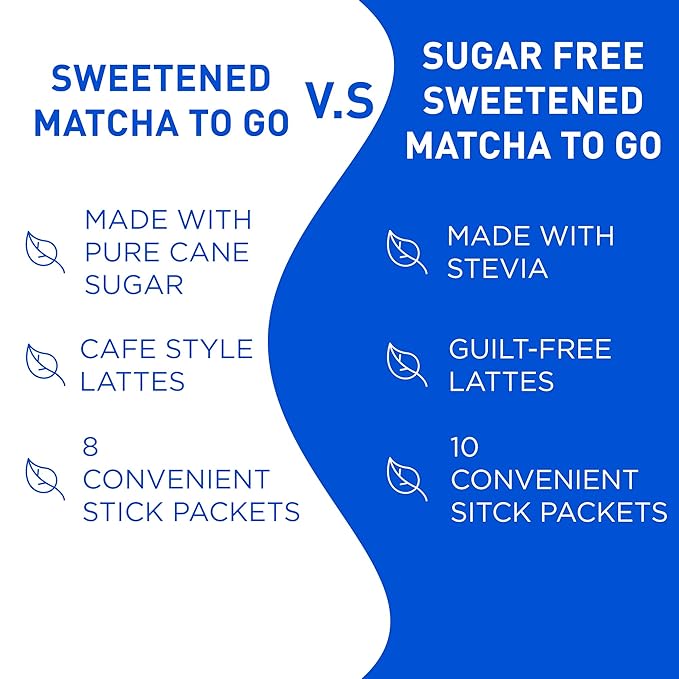 Aiya Sugar-Free Sweetened Matcha To Go Sticks - Stevia Sweetened Packets, Premium Japanese Matcha Powder, Gluten-Free - 10 Single-Serving Sticks