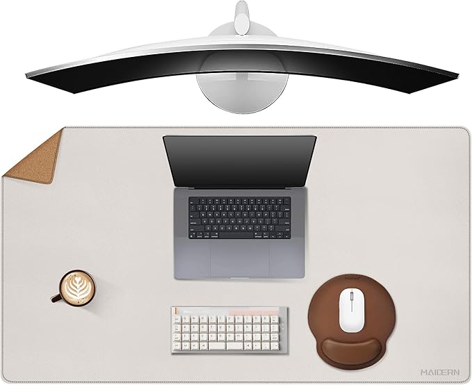 MAIDERN 40”x 24” Leather Desk Pad, Reversible Large Desk Mat, Cork & Leather Large Mouse pad for Desk, Waterproof Computer Desk Pad for Gaming Home Office (Cream)