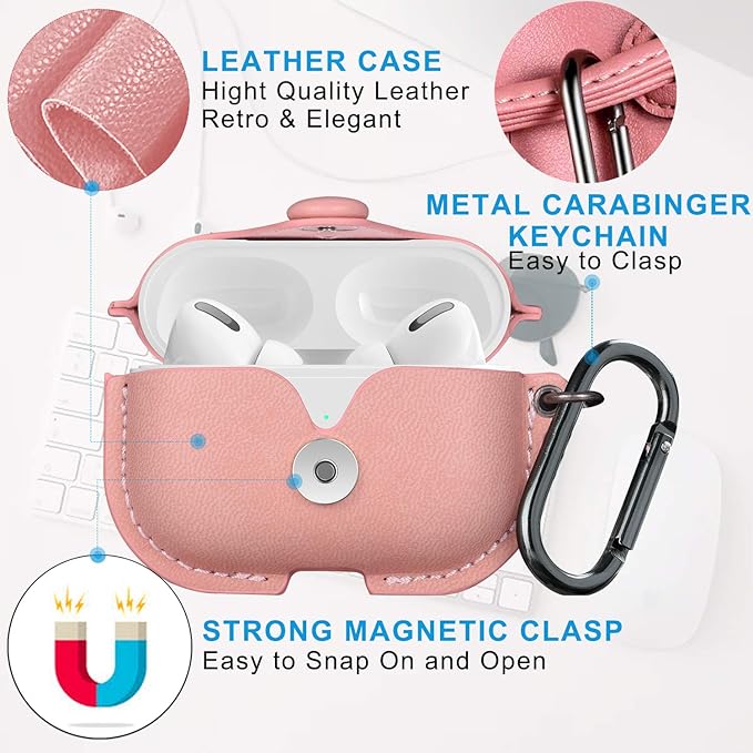 Maxjoy for AirPods Pro 2 Case Leather, Airpods Pro Leather Case Cover with Keychain Airpod Strap Compatible with Apple Airpod Pros 2nd Generation 2023 2022/AirPods Pros 2019 (Front LED Visible), Pink