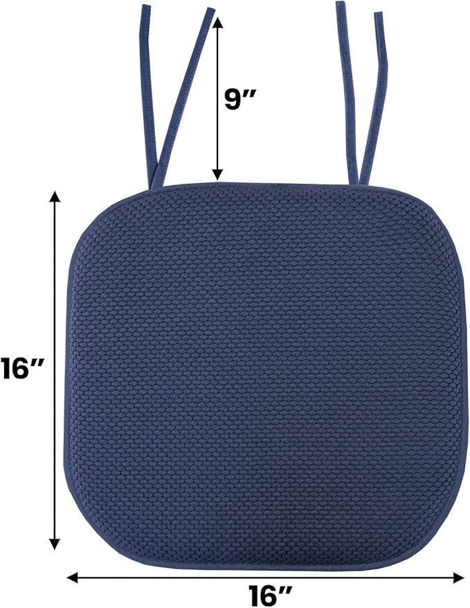 Sweet Home Collection Chair Cushion Memory Foam Pads with Ties Honeycomb Pattern Slip Non Skid Rubber Back Rounded Square 16" x 16" Seat Cover, 6 Pack, Navy 6 Pack