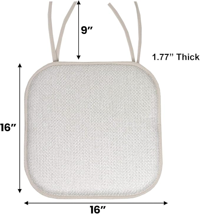 Chair Cushion Memory Foam Pads with Ties Honeycomb Pattern Slip Non Skid Rubber Back Rounded Square 16" x 16" Seat Cover