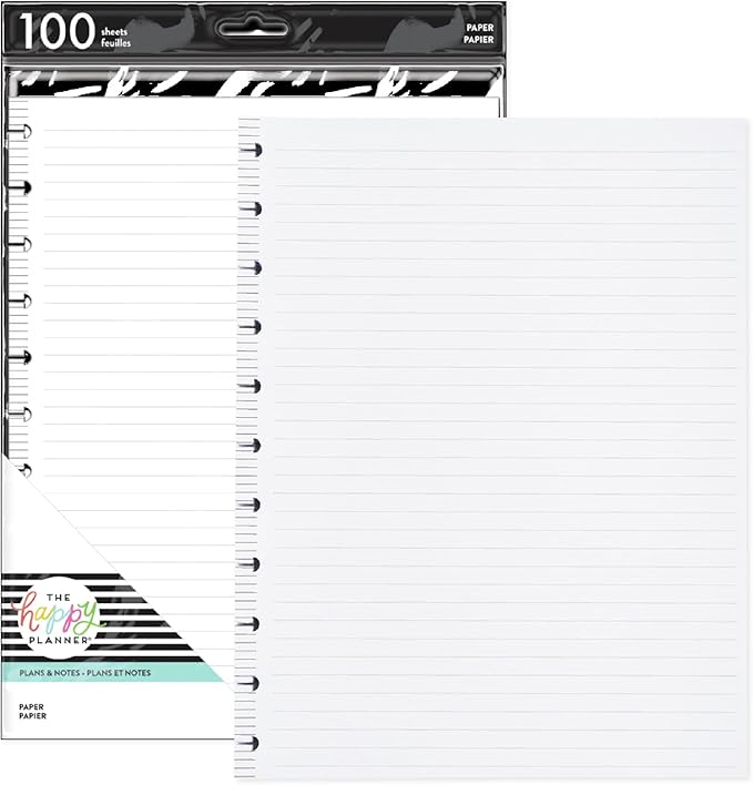 Happy Planner Plans + Notes Planner Refill Paper, 100 Sheets of Lined Refill Paper for Journals, Big Size