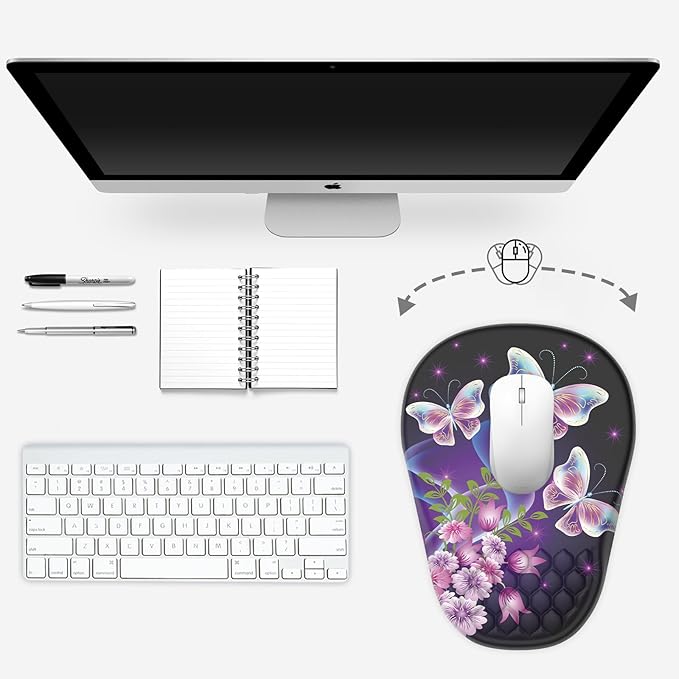 Ergonomic Mouse Pad Wrist Support, with Memory Foam & Non-Slip PU Base, Comfortable Massage Design Mouse Pad Relieve Wrist Fatigue&Pain, Suitable for Computer, Office and Home(06Pretty Butterfly)