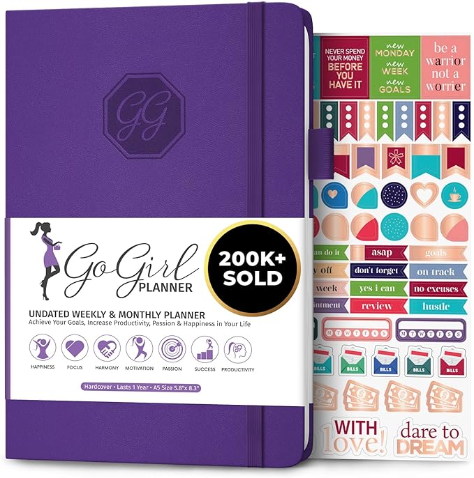 GoGirl Planner and Organizer for Women – A5 Size Weekly Planner, Goals Journal & Agenda to Improve Time Management, Productivity & Live Happier. Undated – Start Anytime, Lasts 1 Year – Purple