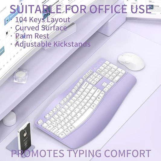 Ergonomic Wireless Keyboard and Mouse Combo, Wave Keys Keyboard with Wrist Rest for Natural Typing, 3 DPI Adjustable Ergonomic Silent Mouse for Computer/Laptop/Windows/Mac (Purple)
