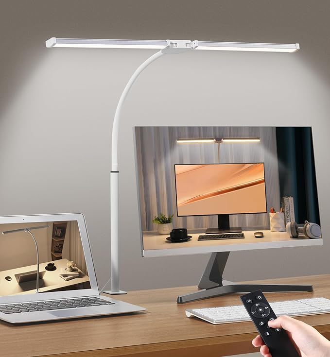 Led Desk Lamp for Home Office, Eye-Care Architect Light with Clamp, Smart Double Head Computer Monitor Table Clip Lamp, Adjustable Flexible Gooseneck, 25 Lighting Models, Task Lamp, White and Sliver
