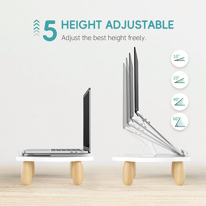 Adjustable Wood Laptop Stand, Ergonomic Height Angles Computer Stand, Cloud-Shaped Holder Riser Notebook Stand for Desk Compatible with Air, Pro, Dell, HP, Lenovo More 10-17.3" Laptops, White