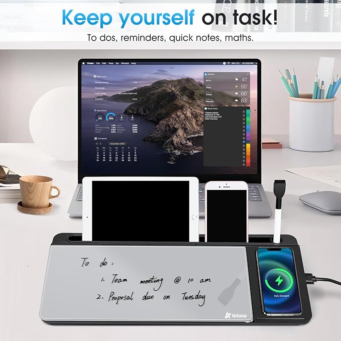Varhomax Glass Desk Whiteboard with Wireless Charger, Desktop Organizer Dry Erase White Board with Storage, to Do List Memo Notepad for Home and Office Supplies (Black & Gray)