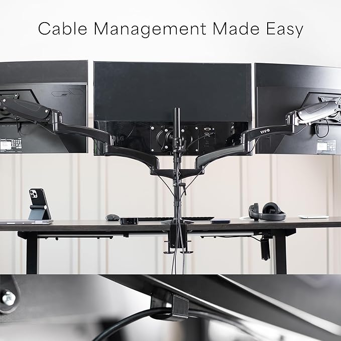 VIVO Triple Pneumatic Monitor Mount for 3 Screens up to 32 inches, Fully Adjustable, Heavy Duty Desk Stand with C-Clamp Grommet, Black, STAND-V300G