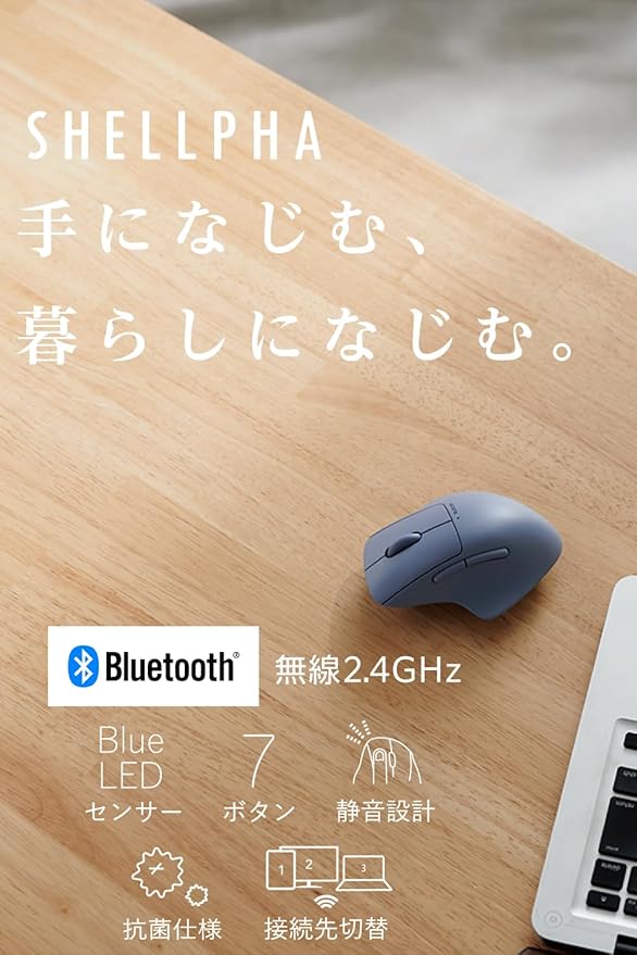 ELECOM Shellpha Bluetooth Wireless Mouse, Silent Click, Ergonomic 7 Programmable Buttons, Connect to 3 Devices, 2.4GHz USB Multi-Device Connection, Tilt Scroll, 2000 DPI, PC Laptop Mouse (Navy Blue)