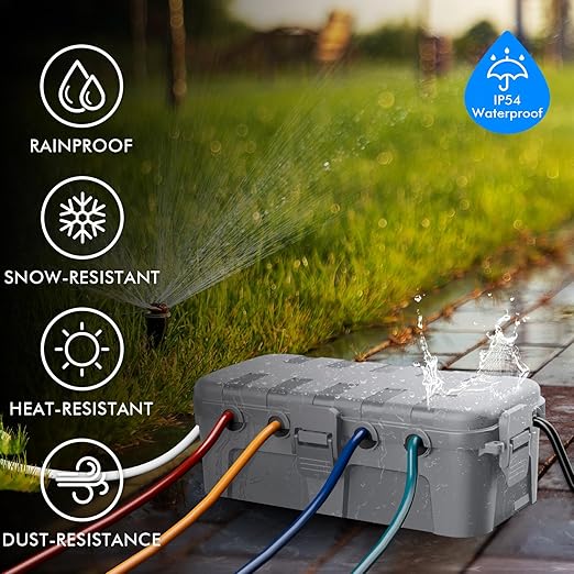RESTMO Outdoor Electrical Box, IP54 Weatherproof Extension Cord Cover with 6 Cable Entry Ports, Waterproof Connection Box Protect Power Strip, Timer, Plug (11.5x5.2x4 inch), Light Gray