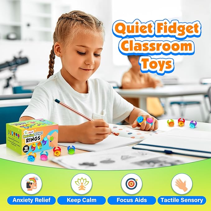 Fidget Rings Sensory Toys for Kids: 18 Pack Fidget Anxiety Spinner Rings- Autism Sensory Toy for Special Needs ADHD- Stress Relief Quiet Fidgets for Classroom- Small Treasure Box Prizes Bulk Gifts