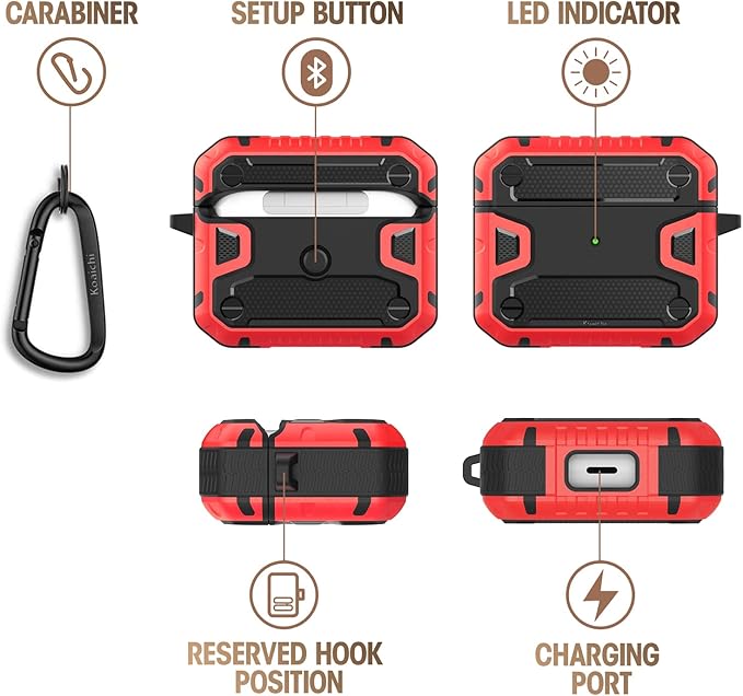 Koaichi Compatible with AirPods 3rd Generation Case(2021), Full-Body Rugged Hard Shell Protective Case Cover with Keychain Designed for AirPods 3 Case, Black/Red [US Patent Registered]