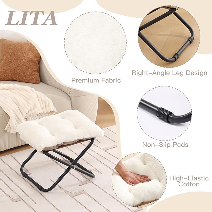 LITA Folding Footrest Stool, Portable Ottoman Foot Rest, Upholstered Small Foldable Ottoman Stool with Detachable Thick Cotton Cushion Padded Sofa Stool for Living Room, Bedroom, Plush Beige