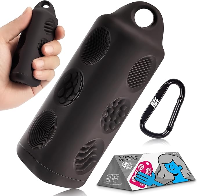 Fidget Toys Adults Sensory Bar – 9-Texture Portable Handheld Fidget Toy with Carabiner for Anxiety & ADHD Relief – Ideal for Kids, Teens & Sensory Seekers | Black