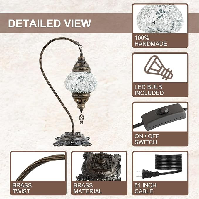 Kafthan Turkish Moroccan Mosaic Lamp – Handmade Glass Swan Neck Bedside Lamp with Antique Brass Base, Ideal Decor for Bedroom, Office, Living Room – Bulb Included (White Triple Circles)