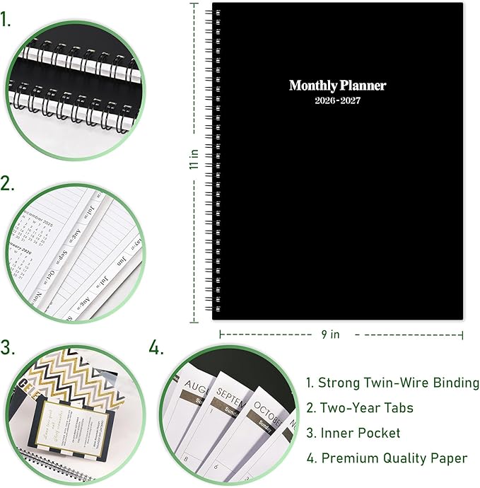 2026-2027 Monthly Planner/Calendar - January 2026 - December 2027, Monthly Calendar 2026-2027, 9" x 11", 2 Years Planner, Cardboard Cover, Black