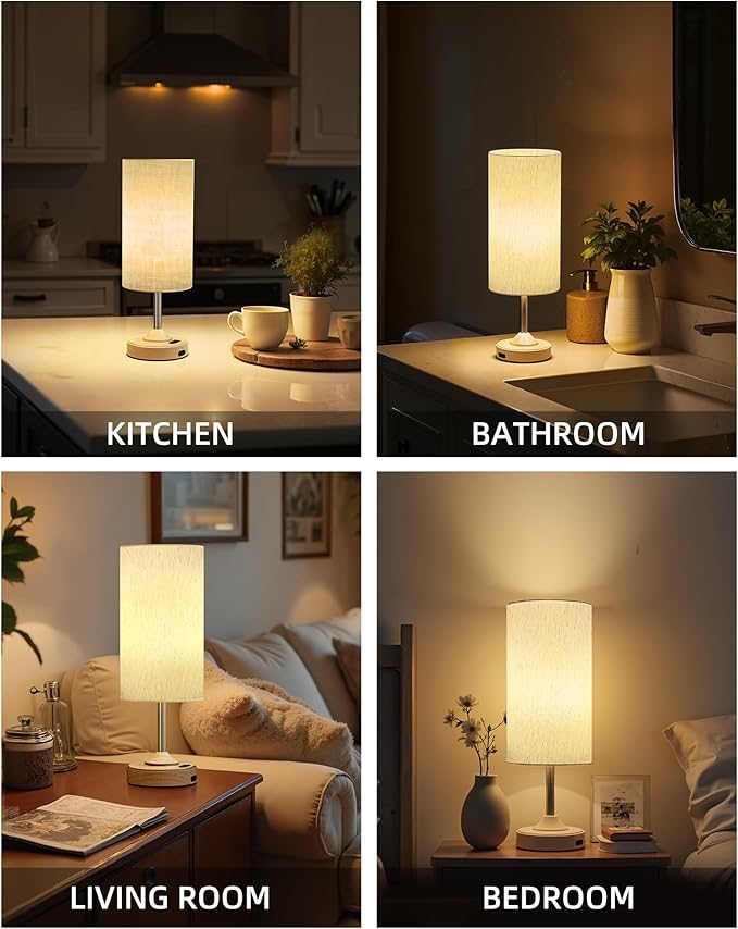 Bedside Table Lamp, Cordless, Dimmable, Touch, Timer, 2700K, Bedroom, Portable, LED, Wireless, Rechargeable, Battery Operated, Desk Lamp, Fabric Shade, Wood-Grain Finish, Living Room, Dining Room