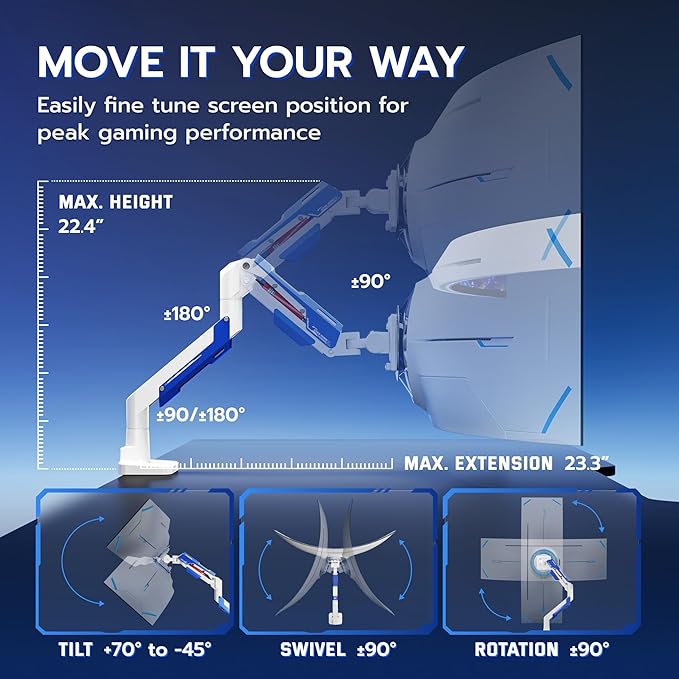 ARES WING Heavy Duty Single Monitor Arm - Gas Spring Aluminum Monitor Mount for 24"-57" Ultrawide Screens up to 66 lbs with Clamp/Grommet Desk Mount, 75/100/200 Vesa Mount, White