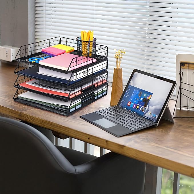 Tunnkit 4 Pack Stackable Letter Tray Paper Organizer, Metal Desk Organizer Tray for Letter/A4 Paper Storage, Suitable for Office, School, Home, Black