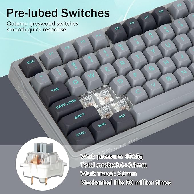 Wired Mechanical Gaming Keyboard, Creamy Sound, Pre-lubed Linear Switches, Gasket Structure with Sound Dampening Foam, Green LED Backlit RGB Side Light, 99 Keys Custom Keyboard for PC,Gray/Black