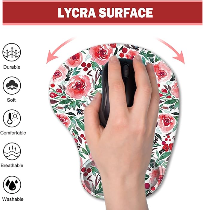 Mouse Pad with Wrist Support, TuLuLu Ergonomic Gel Wrist Rest Pad with Non-Slip PU Base，Comfortable Computer Mouse Pad for Laptop Gaming Office Home Easy Typing & Pain Fatigue Relief, Red Flowers