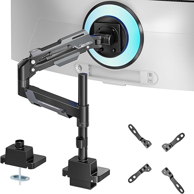 ARES WING Single Monitor Mount, Ultrawide Monitor Arm for 24 to 57 Inch Heavy Duty Curved Screen, Adjustable Gas Spring Monitors Arm Stand up to 66LBS with 75/100/200 Vesa Mount, Black