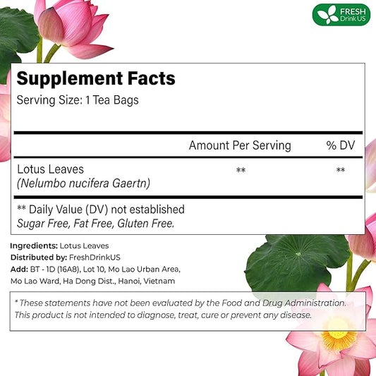 FreshDrinkUS, Premium 75 Lotus Leaf Tea Bags, 100% Natural & Pure from Lotus Leaves. Loose Leaf Lotus Herbal Tea. Made with Eco-Conscious Tea Bags. No Sugar, No Caffeine, No Gluten, Vegan.