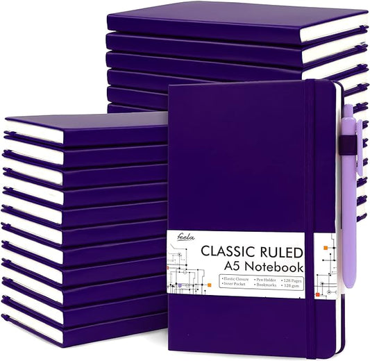 feela 24 Pack Journal Notebook Bulk for Work, Business Notebook Hardcover Lined Writing Journal with Pen Holder for Men Women Note Taking, with 24 Black Pens, 120 GSM, 5.1”x8.3”, A5, Purple
