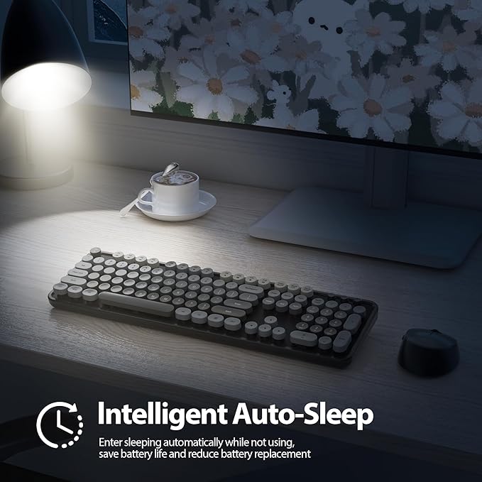 Fogruaden Black Keyboard and Mouse Wireless, Retro Typewriter Keyboard, 2.4GHz 104 Keys Full Size Cute Keyboard with Number Pad, Gradient Colorful Round Keycaps for Windows PC Desktops Laptop