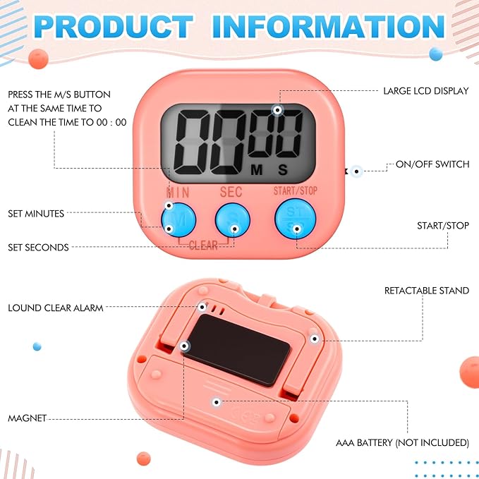 Xuhal 12 Pieces Digital Kitchen Timer Bulk, Small Magnetic Timers for Classroom, Digits Stopwatch Clock Timer for Cooking Baking Sports Games Office, Not Including Battery (Pink,Blue)