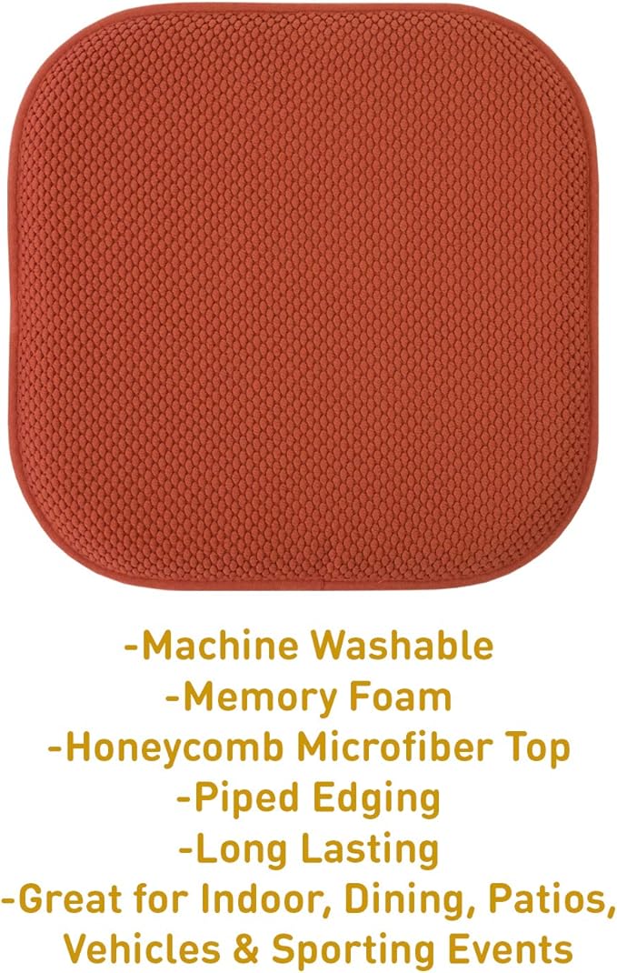 Sweet Home Collection Chair Cushion Memory Foam Pads Honeycomb Pattern Slip Non Skid Rubber Back Rounded Square 16" x 16" Seat Cover, 4 Pack, Rust