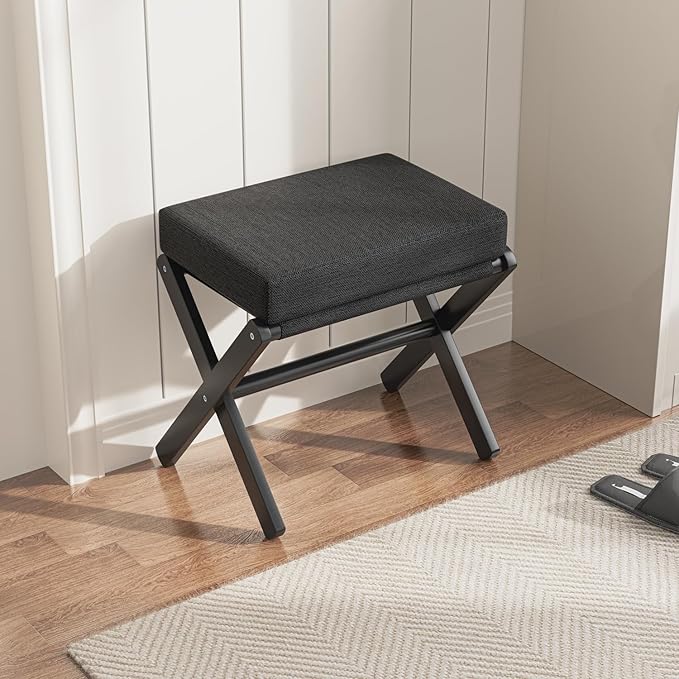 Foldable Foot Stool Ottoman, Modern Foot Rest with Bamboo X Legs & Thick Foam Cushion, Folding Foot Stools Small Padded for Bedroom Living Room, Makeup Vanity Stool Chair (Black - Black)