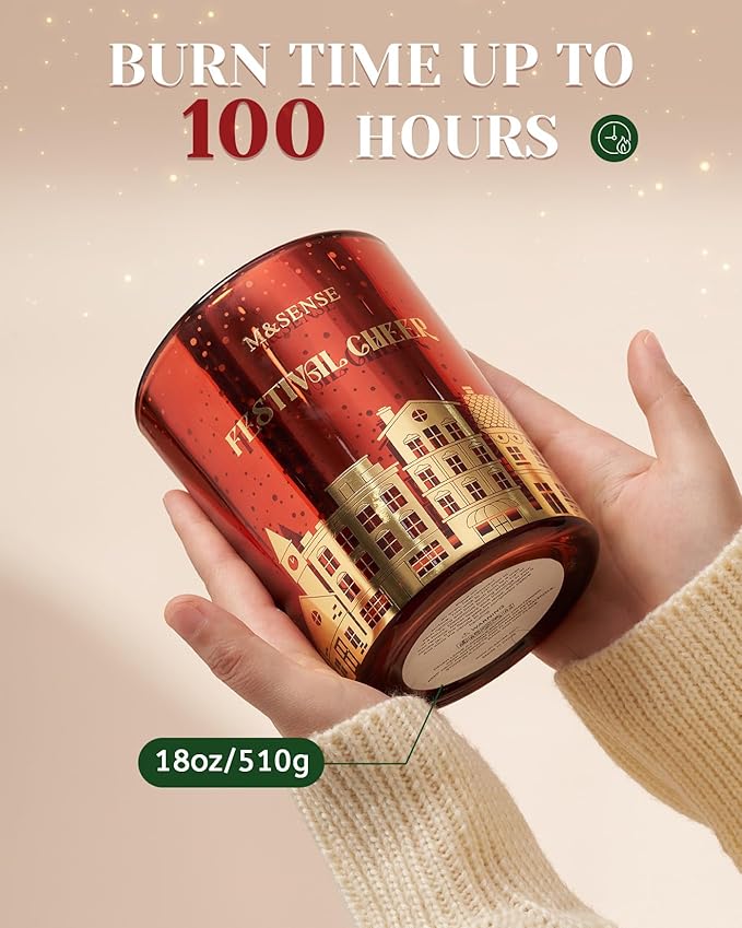 M&SENSE Festival Cheer Wooden Wick Holiday Candle, 18oz Almond & Apple Highly Scented Clean Natural Soy Wax Candle, 100 Hours Burn Candle, Aromatherapy Large Candle for Housewarming Bathroom Bedroom