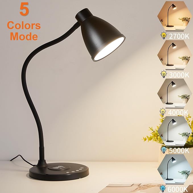 BOHON Desk Lamp for Home Office, LED Desk Light with USB C+A Charging Ports, Wireless Charger, 5 Colors Stepless Dimming Reading Light Timer, Touch Bedside Table Lamp for College Dorm Room Black