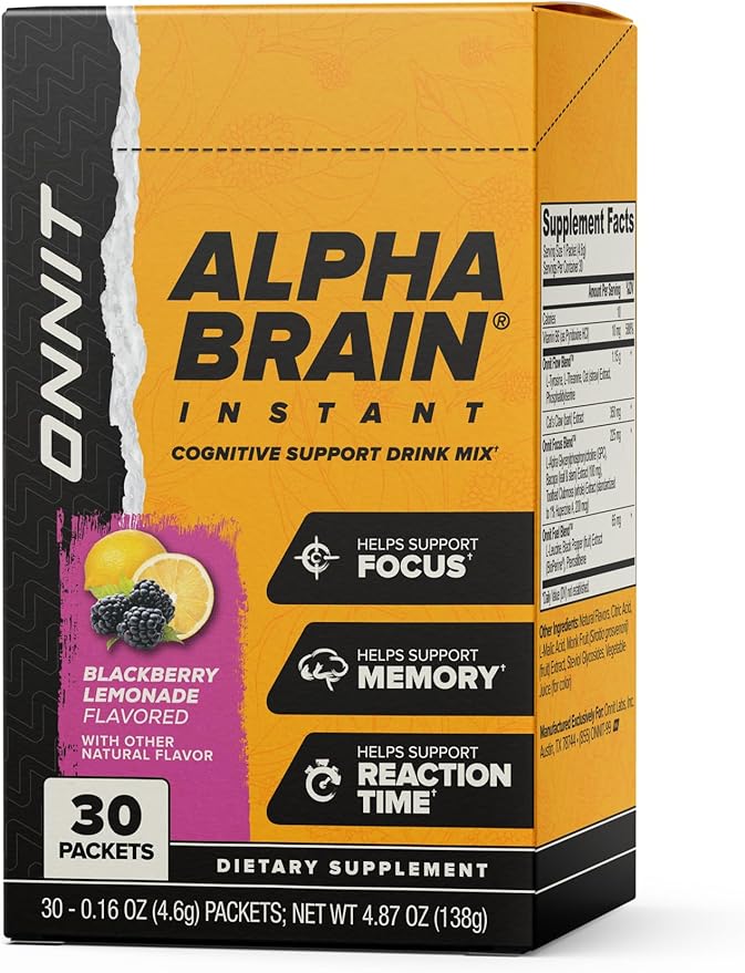 ONNIT Alpha Brain Instant Cognitive Support Drink Mix, BlackBerry Lemonade Flavor, Nootropic Supplement for Focus, Memory, and Clarity, 0.13 oz Packets, 30 Count