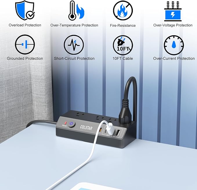 Desk Clamp Power Strip with PD 20W Fast Charging, Flat Plug Extension Cord 10 FT, Desk Mount Power Strip Surge Protector with 4 AC Outlet 4 USB Ports, Fit 1.8" Tabletop Edge (Black)