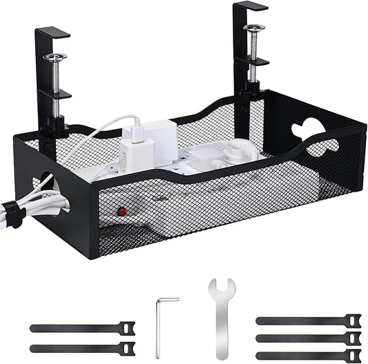 Large Under Desk Cable Management Tray - Heavy Duty Metal Cord Organizer with No Drill Installation for Office & Home Office Desks to Hide Wires & Power Strips (Black, XL)